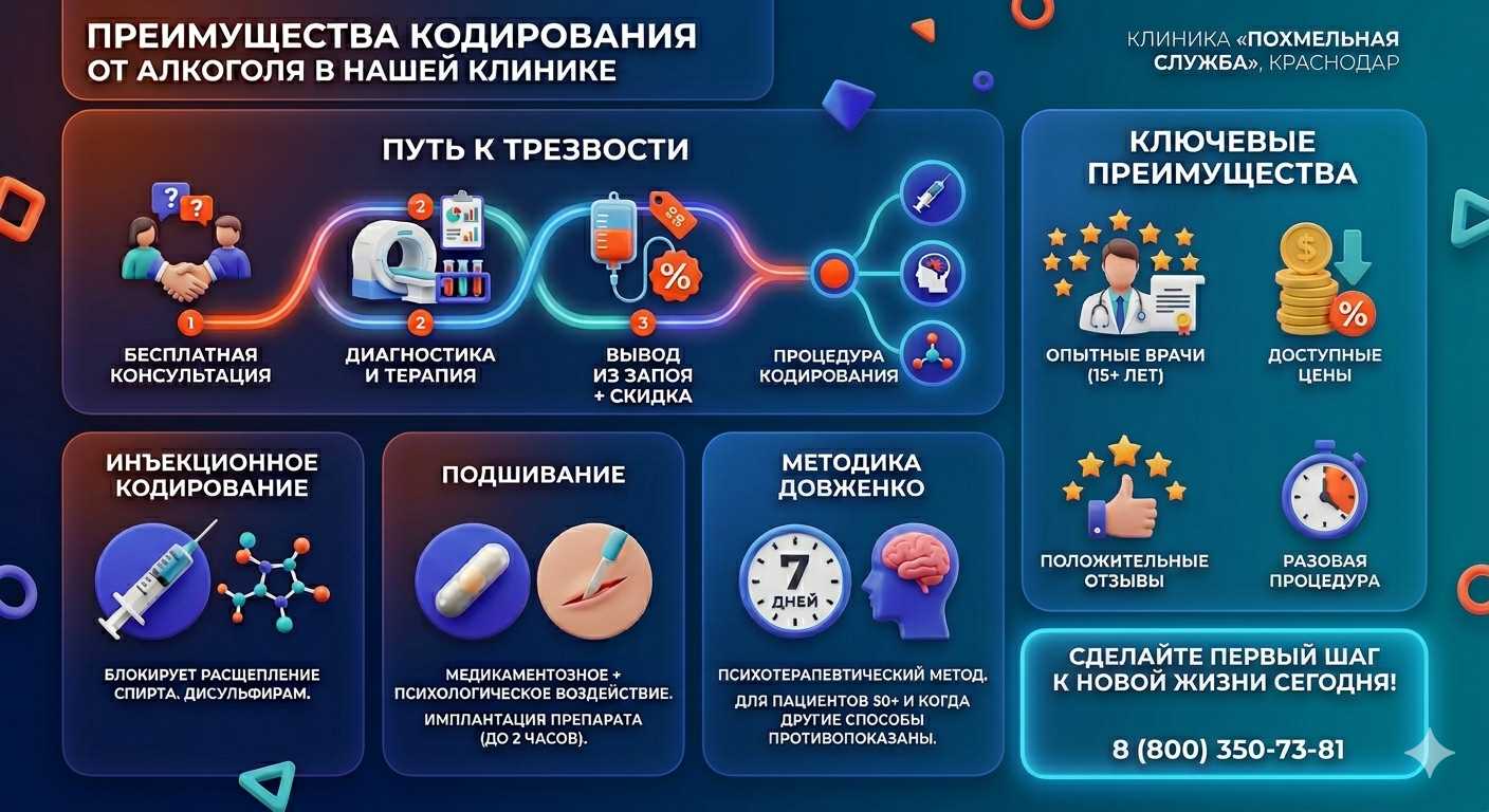 Инфографика о методах кодирования от алкоголя в Шипуново: инъекции, подшивание, метод Довженко. Преимущества клиники и этапы лечения.