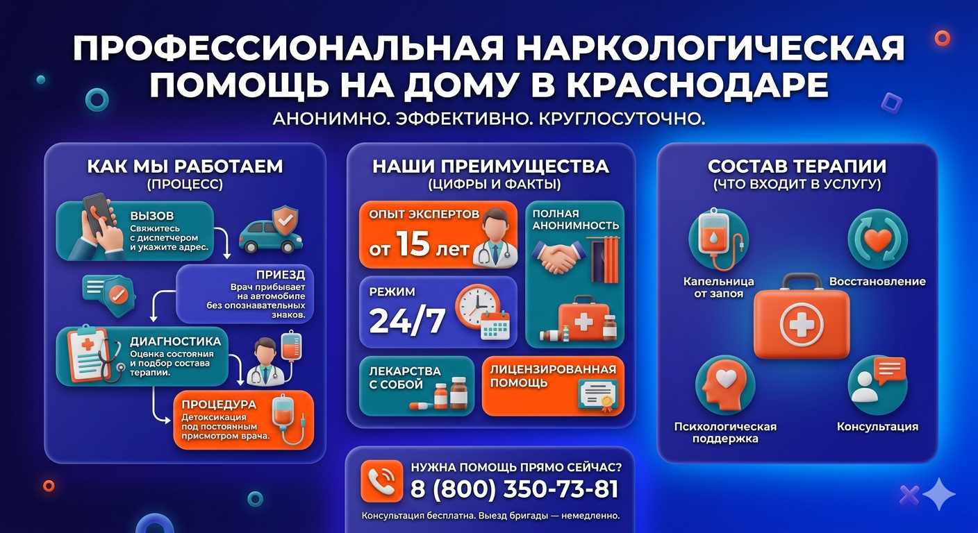 Инфографика о принципах лечения алкоголизма на дому в Шипуново: этапы вызова нарколога, преимущества анонимной детоксикации и состав медицинской помощи.